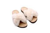 Fluffy Sense Fuzzy Soft Plush Fur Slides Cross Band with Wooden Footbed (White)