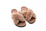 Fluffy Sense Fuzzy Soft Plush Fur Slides Cross Band with Wooden Footbed (Khaki)