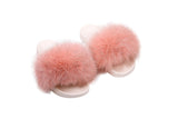 Fluffy Sense Pink and White Real Fox Fur Slides