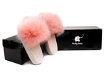 Fluffy Sense Pink and White Real Fox Fur Slides