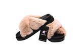 Fluffy Sense Fuzzy Soft Plush Fur Slides Cross Band with Arch Support (Light Brown/Black)