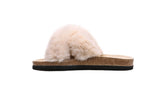 Fluffy Sense Fuzzy Soft Plush Fur Slides Cross Band with Wooden Footbed (White)