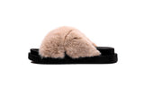 Fluffy Sense Fuzzy Soft Plush Fur Slides Cross Band with Arch Support (Light Brown/Black)