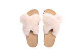 Fluffy Sense Fuzzy Soft Plush Fur Slides Cross Band with Wooden Footbed (White)