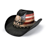 Fluffy Sense Vintage USA American Flag Cowboy Hat Classic Western Style Unisex Cowboy Cowgirl Hat (Black Skull Wings)