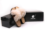 Fluffy Sense Fuzzy Soft Plush Fur Slides Cross Band with Wooden Footbed (White)